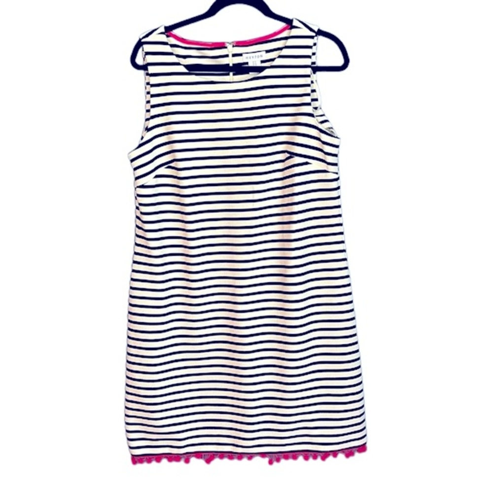 Heyton Shift Black & White Stripe with Bright Pink Pom Pom Hem Size 14